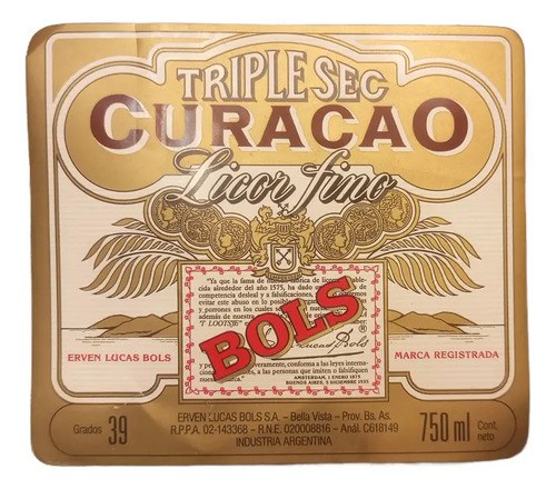 Antigua Etiqueta Botella Triplesec Curacao - Licor Fino Bols
