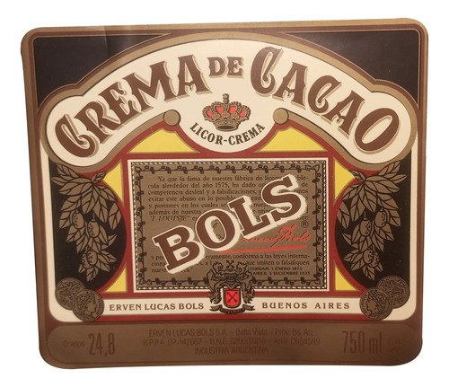 Antigua Etiqueta Botella Crema De Cacao - Licor Crema Bols
