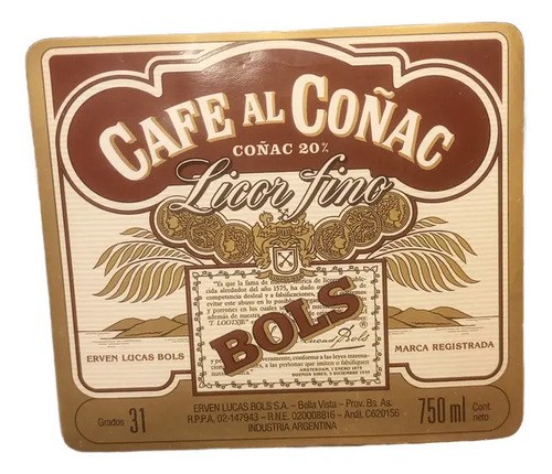Antigua Etiqueta Botella Café Al Coñac - Licor Fino Bols