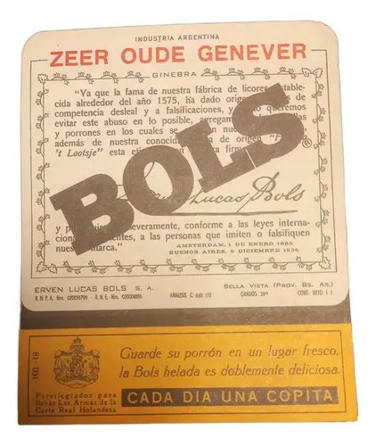 Antigua Etiqueta Botella Ginebra Bols