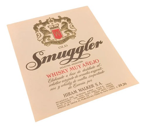Antigua Etiqueta Whisky Smuggler Nueva Original
