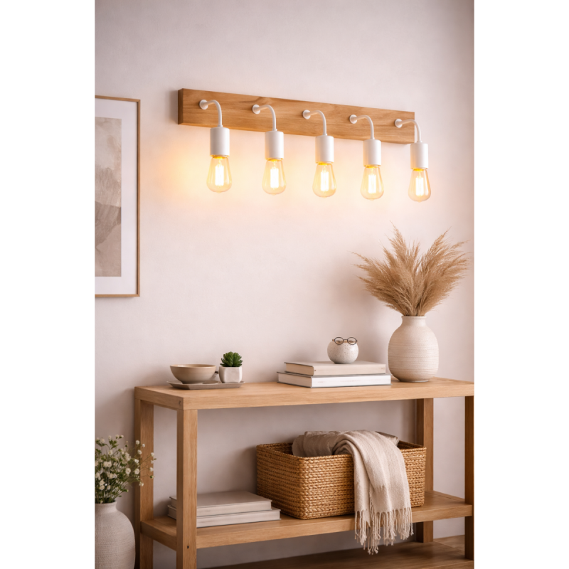 Plafon de pared de 5 luces copn base de madera