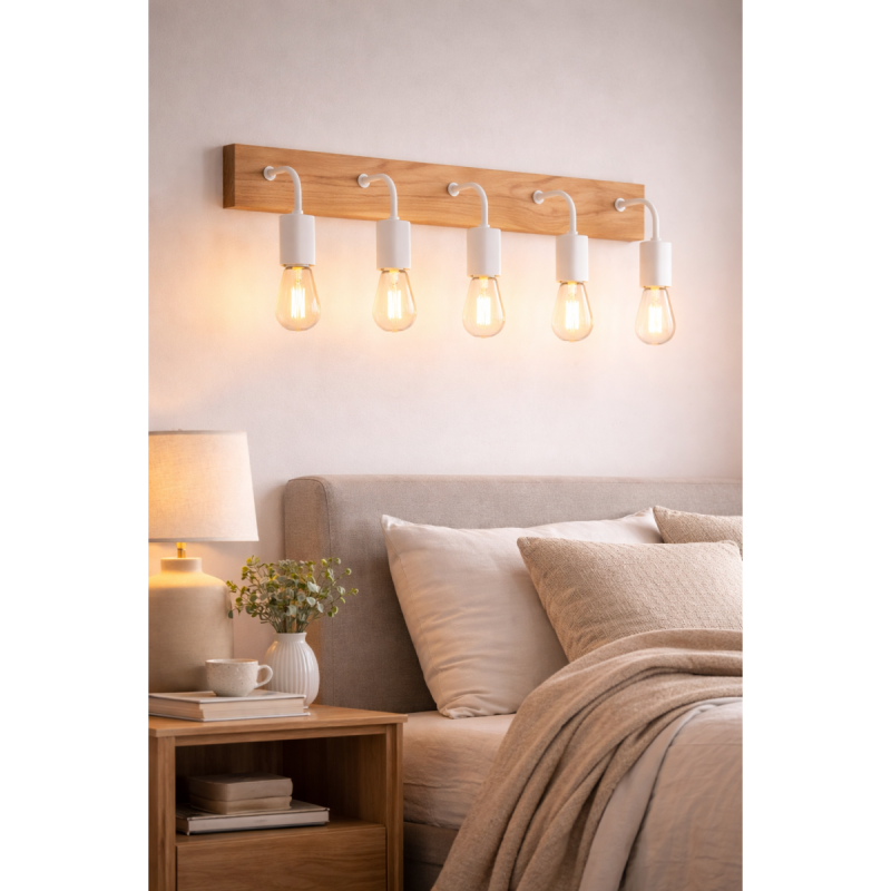 Plafon de pared de 5 luces copn base de madera - 3