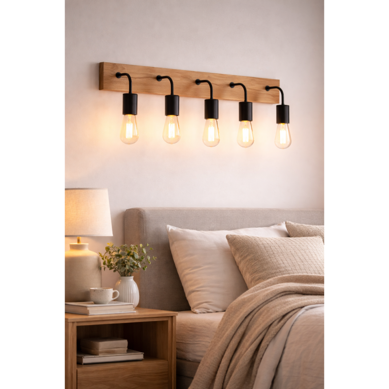Plafon de pared de 5 luces copn base de madera - 4