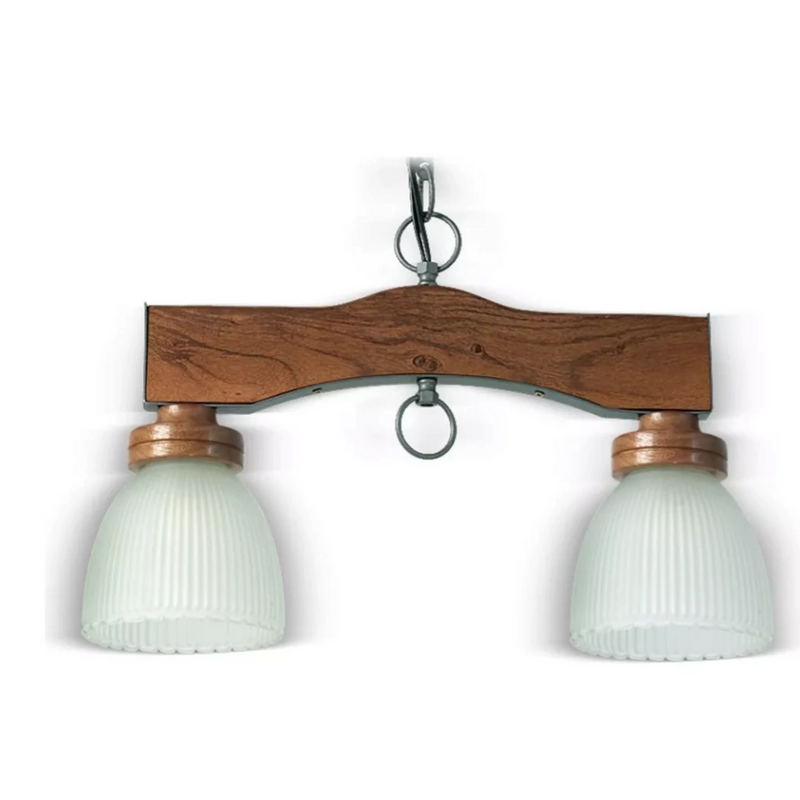 Araña Colgante de Techo en Algarrobo Encerado con 2 Luces y Tulipa de Vidrio