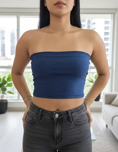 Top Strapless 100%lycra. Premium Para Uso Casual Azul Jaspeado Lisa Único - 2