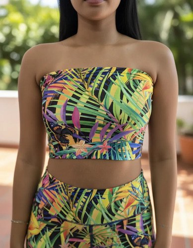 Top Strapless 100%lycra. Premium Para Uso Casual Verde Tropical Floreado Único