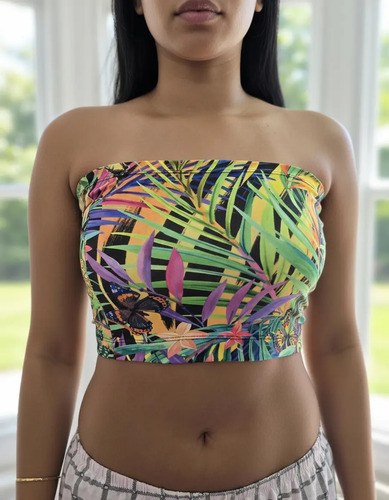 Top Strapless 100%lycra. Premium Para Uso Casual Verde Tropical Floreado Único - 2