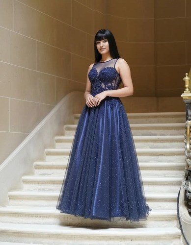 Vestido 2 Piezas Largo Y Corto Alta Costura Elegante Azul Tela Razo Con Encaje Bordado Único