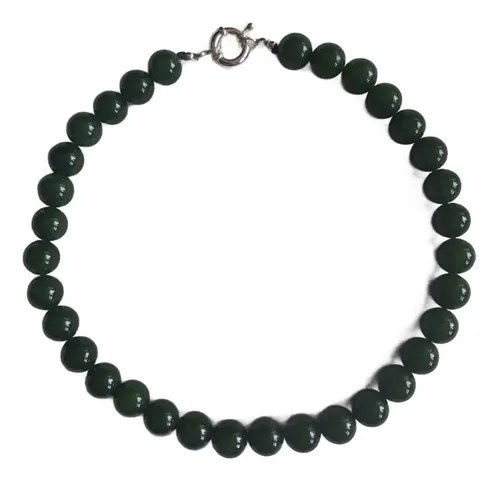 Collar De Jade (12 Mm), Con Broche De Plata Verde Oscuro