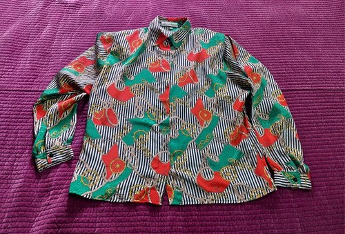 Camisa Blusa Vintage Donna Karan Timon Consultar Stock Verde Estampado Vintage Con Motivos (cadenas