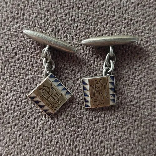 Gemelos Plata Esmalte Azul Iniciales Consultar Stock Plateado