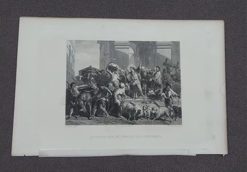 Grabado Original Antiguo 1869 Jesucristo Echa Del Templo
