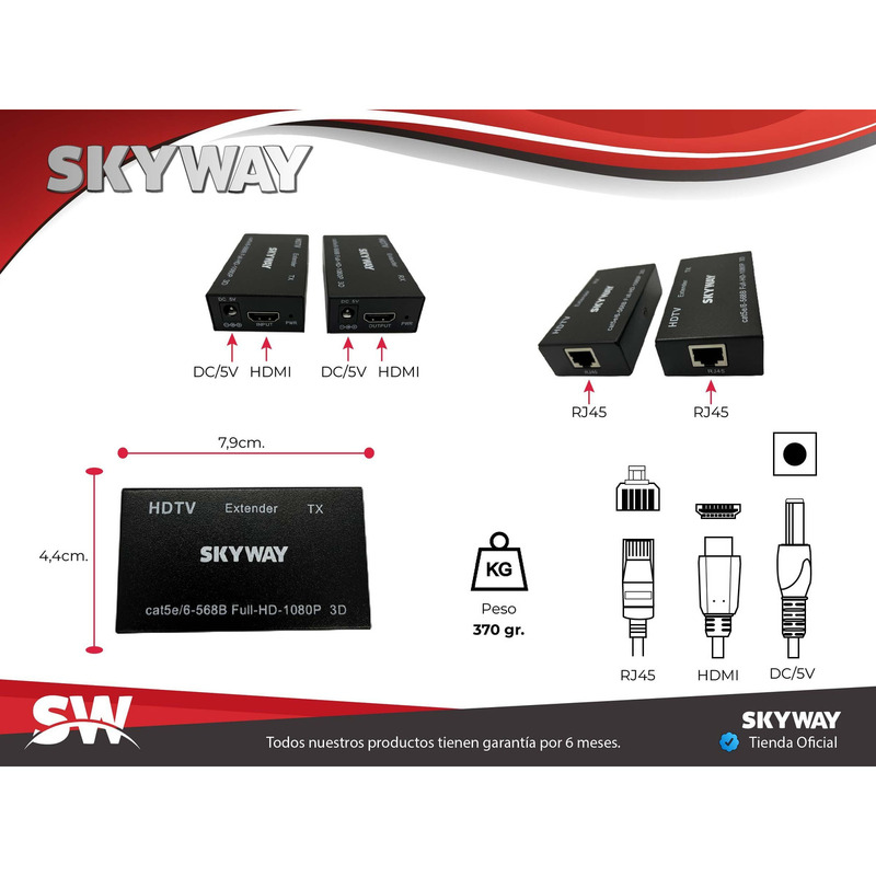 Extensor HDMI Por UTP (Hasta 60 metros) v1.4 Full HD - Metalico - SKYWAY