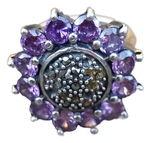 Importante Anillo Plata Flor Amatistas Consultar Stock Negro 18mm