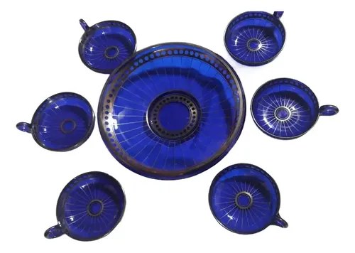 Ponchera Vidrio Azul Art Deco Pintado Plata Consultar Stock