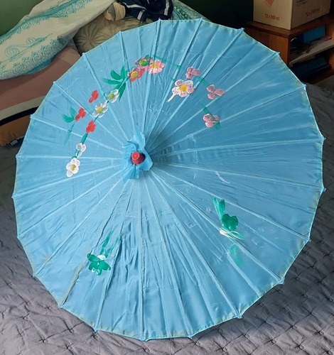 Sombrilla Celeste Vintage Pint Mano Flores Consultar Stock Celeste