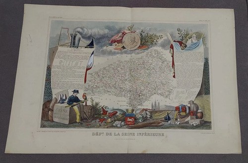 Viejo Atlas Levasseur 1850 Mapa Francés, Seine-inferieure
