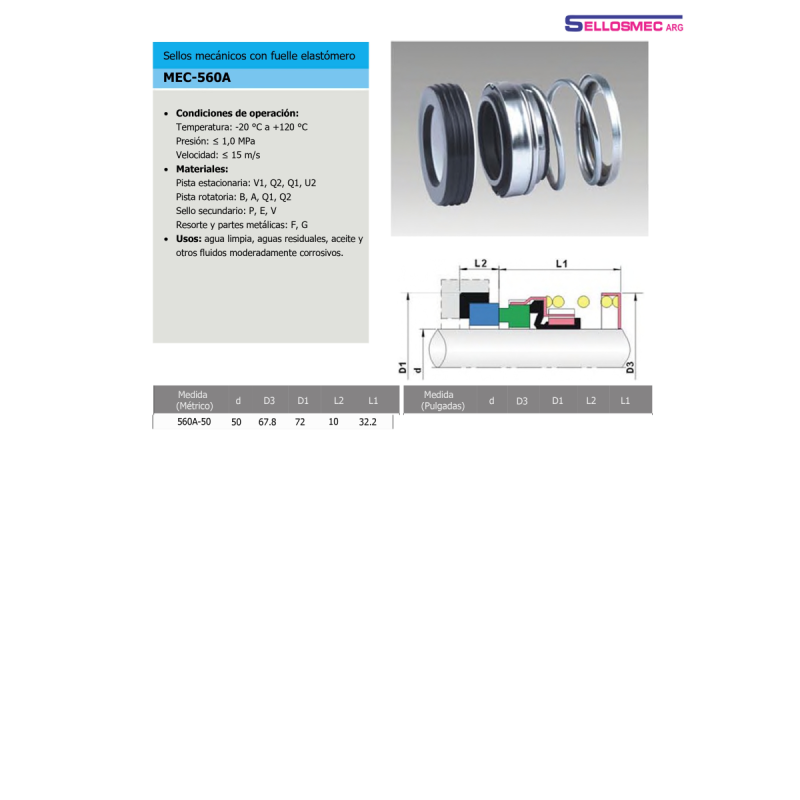 Sello Mecánico Tipo 560 (PF) para Eje de 50mm - Resorte Recto