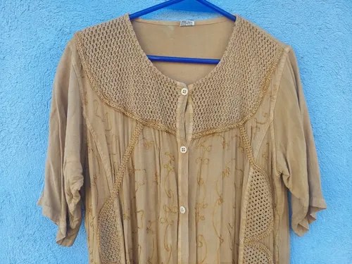 Vintage Vestido India Bordado Marrón Consultar Stock Marrón Claro Liso L - 2