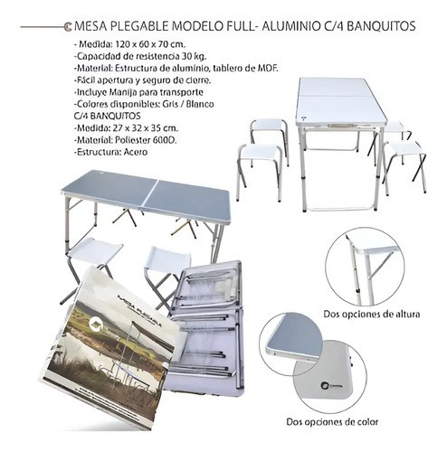 Mesa Plegable Aluminio Camping C/4 Banquitos Modelo Full Blanco - 6