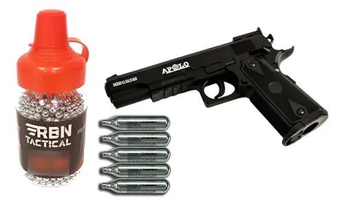 Kit Pistola Co2 Apolo 1911 + Balines Bbs Rbn + 3 Garrafas Negro 114.3 Mm