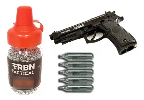 Pistola Co2 Apolo A92 + Balines Bbs Rbn + 3 Garrafas Co2 Negro 114.3 Mm