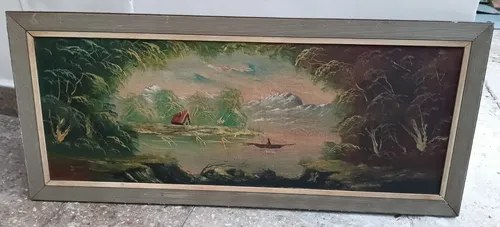 Cuadro Clásico De Paisaje Bucólico Con Marco 88x38 Cm Plateado Gris