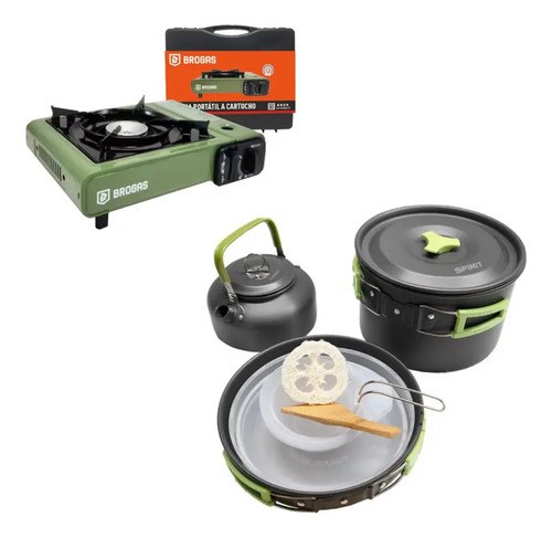 Kit Camping Cocina Portatil + Marmita 4 Personas Verde/negro
