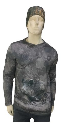 Remera Mto Jabali Gris Secado Rápido Capucha Filtro Uv Jabali Gris L