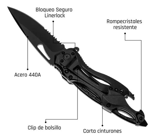 Navaja Táctica Negra Militar De Rescate Pesca Defensa Shark Negro - 3