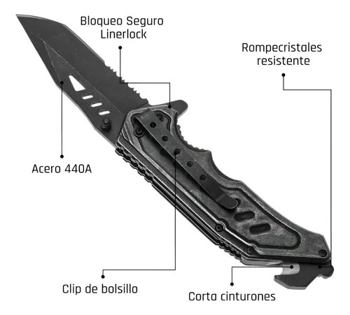Navaja Táctica Defensa Pesca Supervivencia Rescate Cuchillo Gris/negro - 3