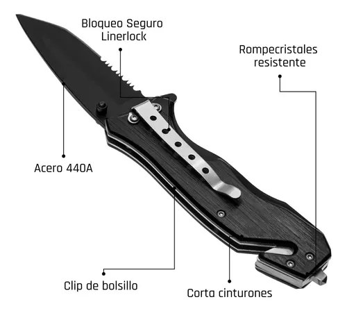 Navaja Tactica Rescate Militar Cuchillo Supervivencia Razor Negro - 2