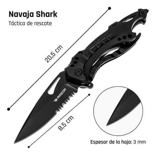Navaja Táctica Razor Shark Rescate Caza Defensa Acero 440a Negra Negro - 2