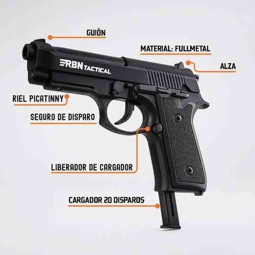 Pistola Co2 4,5mm P92 Full Metal Corredera Fija Rbn Tactical Negro 114.3 Mm - 2