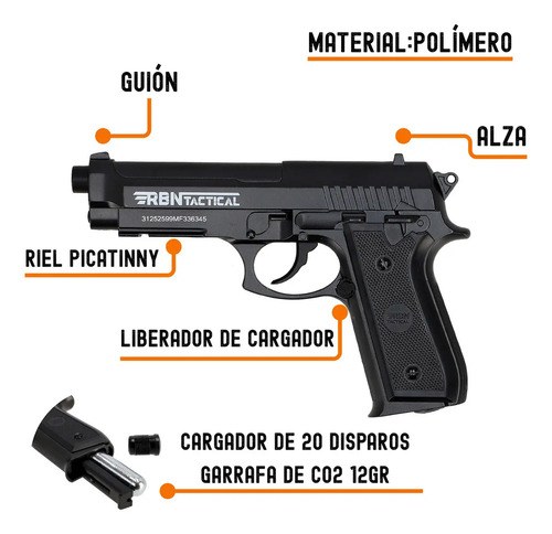 Pistola Co2 4,5mm P92 Polimero Corredera Fija Rbn Tactical Calibre 4.5 Mm Color Negro - 2