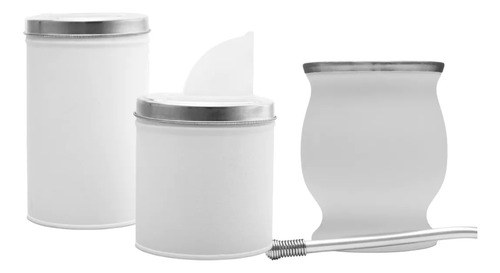 Set Matero Yerbero Azucarero Mate Termico Acero Inoxidable Blanco