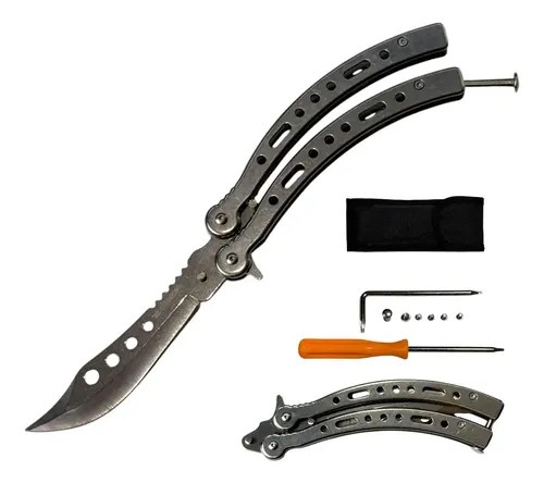 Navaja Mariposa Curva Razor Con Funda Y Repuestos Plateado