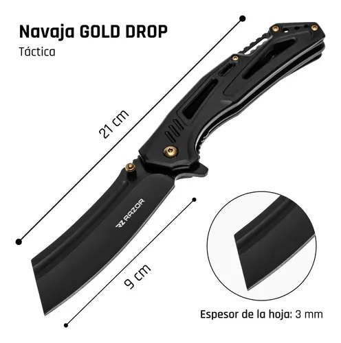 Navaja Táctica Supervivencia Razor Gold Drop Acero 440a Hoja Plegable Negro - 2