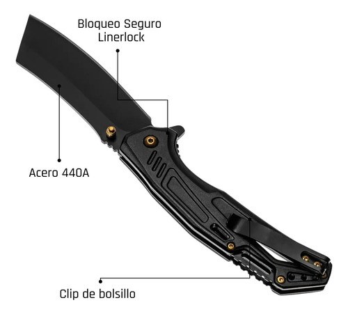 Navaja Táctica Supervivencia Razor Gold Drop Acero 440a Hoja Plegable Negro - 3