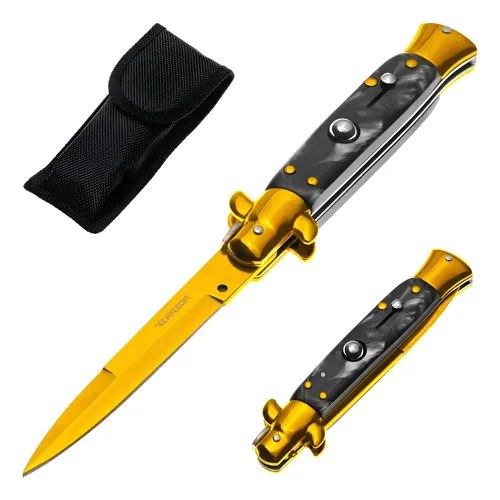 Navaja Estilete Italiano Automática Razor, Dorada, Con Mango De Resina Dorado