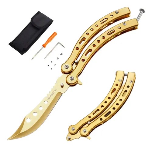 Navaja Mariposa Curva Razor Con Funda Y Repuestos Dorado