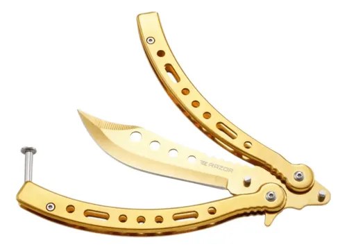 Navaja Mariposa Curva Razor Con Funda Y Repuestos Dorado - 3