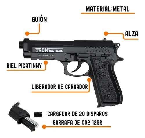 Pistola Co2 P92 Full Metal Corredera Fija Rbn Tactical 4,5mm Negro 4.5 Mm - 2