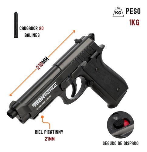 Pistola Co2 P92 Full Metal Corredera Fija Rbn Tactical 4,5mm Negro 4.5 Mm - 3