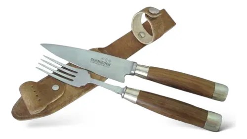 Juego Cubiertos Cuchillo Tenedor Acero Inoxidable Madera Marron Y Plateado