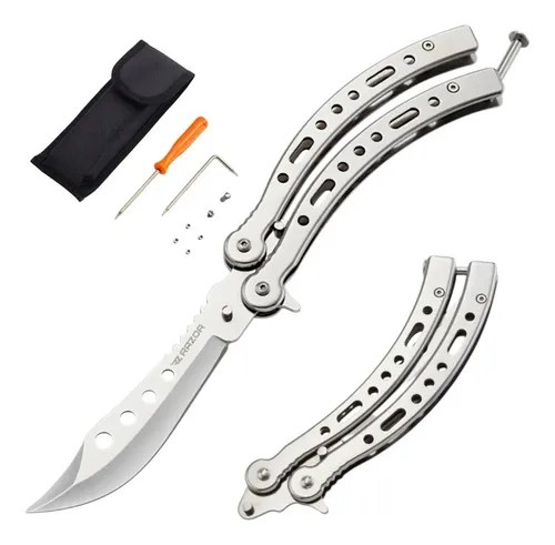 Navaja Mariposa Curva Razor Con Funda Desarmador Repuestos Plateado