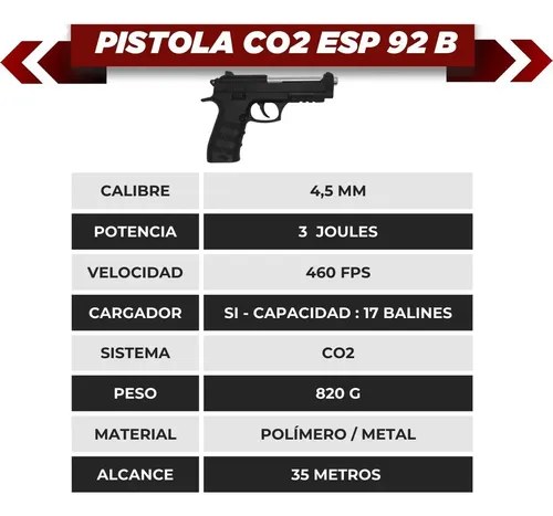 Pistola Co2 Ekol Esp 92 B Aire Comprimido Semiautomática Calibre 4.5mm Negro Black 4.5 Mm - 2