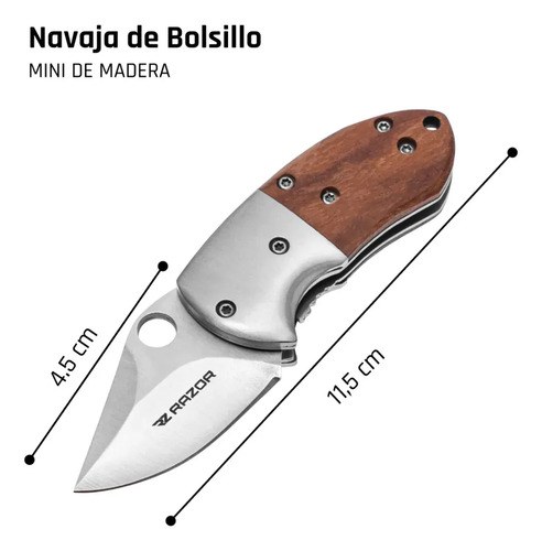Mini Navaja Táctica De Bolsillo Plegable Cacha Madera Acero Plateado Y Madera - 2