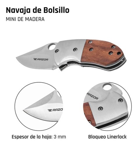Mini Navaja Táctica De Bolsillo Plegable Cacha Madera Acero Plateado Y Madera - 3